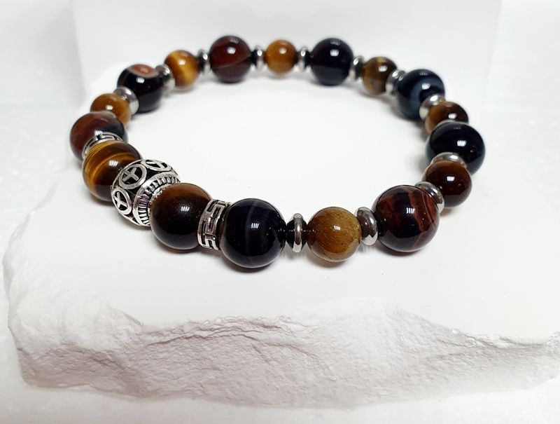 🐅 Magnifique bracelet HOMME/MIXTE Extensible TAILLE:XL 21CM (Personnalisable) SARDONYX/ŒIL DE TIGRE 🙏 PROTECTION/VOLONTÉ/COURAGE 🙏 Fait main