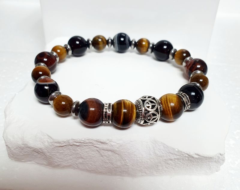 🐅 Magnifique bracelet HOMME/MIXTE Extensible TAILLE:XL 21CM (Personnalisable) SARDONYX/ŒIL DE TIGRE 🙏 PROTECTION/VOLONTÉ/COURAGE 🙏 Fait main
