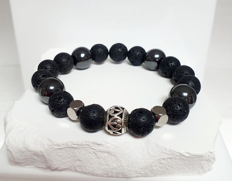 ⚫️ Bracelet JUMBO HOMME/MIXTE Extensible TAILLE:XL 20cm (Personnalisable) Perles 12mm en HÉMATITE et PIERRE DE LAVE 10mm 🙏FORCE/COURAGE/RENFORCE L&#39;ÉNERGIE POSITIVE 🙏 Fait main.
