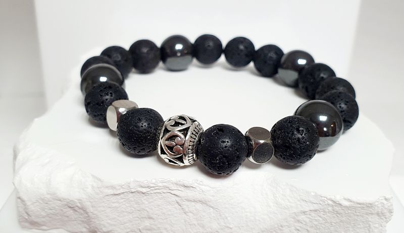 ⚫️ Bracelet JUMBO HOMME/MIXTE Extensible TAILLE:XL 20cm (Personnalisable) Perles 12mm en HÉMATITE et PIERRE DE LAVE 10mm 🙏FORCE/COURAGE/RENFORCE L'ÉNERGIE POSITIVE 🙏 Fait main.