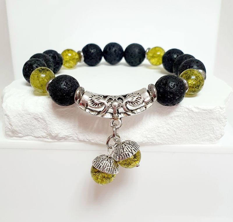 💚🖤 Superbe bracelet  extensible MIXTE TAILLE:XL 20cm (Personnalisable) Perles 10mm en PIERRE DE LAVE et 8mm en OLIVINE DES CANARIES 🙏 ANTI-STRESS/SOUTIEN/PROTECTION 🙏 Fait main.