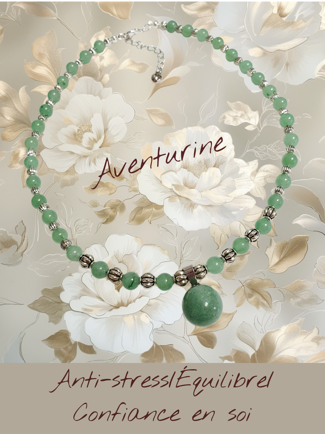 💚 Très beau Ras de Cou 40cm/45cm en acier inoxydable. Perles et pendentif sphère en véritable Aventurine verte de haute qualité🙏 ANTI-STRESS/ÉQUILIBRE/CONFIANCE EN SOI🙏 Fait main. Modèle unique