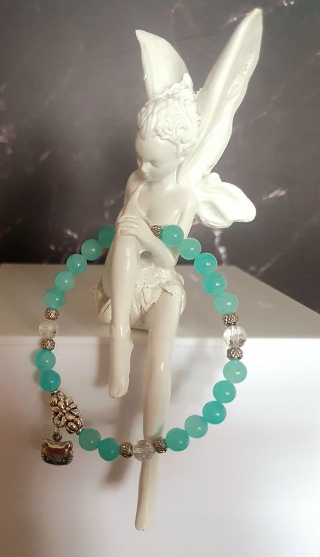 🐱 Bracelet extensible CHAT 🐱 T.standard 18cm (Personnalisable) en  AMAZONITE/CRISTAL DE ROCHE FACETTÉ 💎 de haute qualité🙏ÉQUILIBRE/CHANCE/COMMUNICATION 🙏 Breloque Tête de chat argentée. Fait main