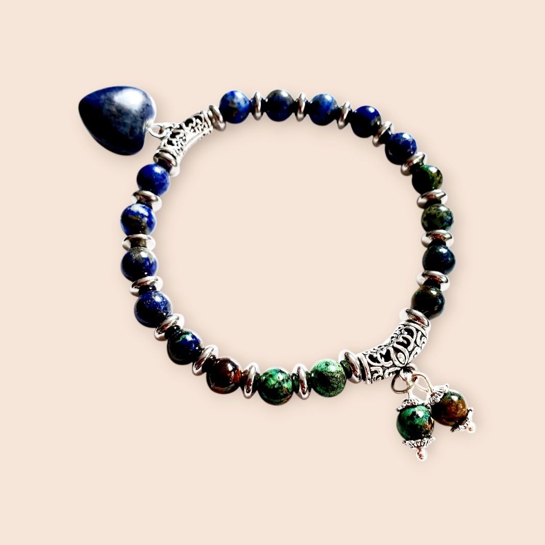 Bracelet mixte extensible T.standard 18cm (Personnalisable)  💚CHRYSOCOLLE/LAPIS-LAZULI 💙 Fait main.  Modèle unique.
