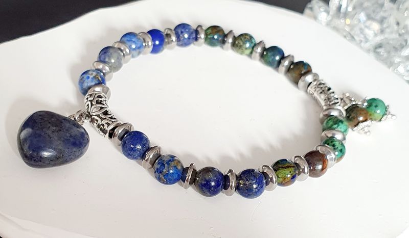Bracelet mixte extensible T.standard 18cm (Personnalisable)  💚CHRYSOCOLLE/LAPIS-LAZULI 💙 Fait main.  Modèle unique.
