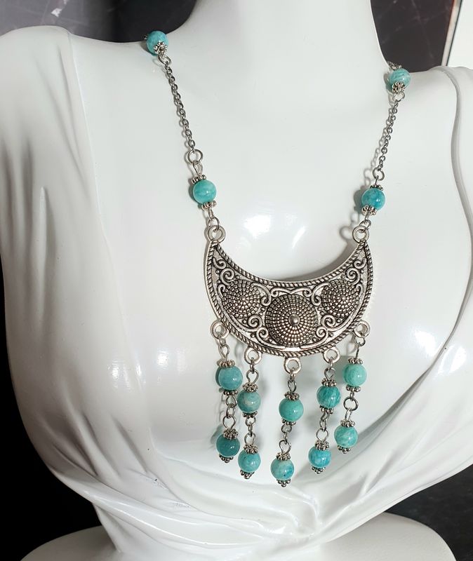 🙏 ÉNERGIE/RÉCONFORT/APAISEMENT 🙏 COLLIER  BOHÊME en acier inoxydable et AMAZONITE. FAIT MAIN. MODÈLE UNIQUE