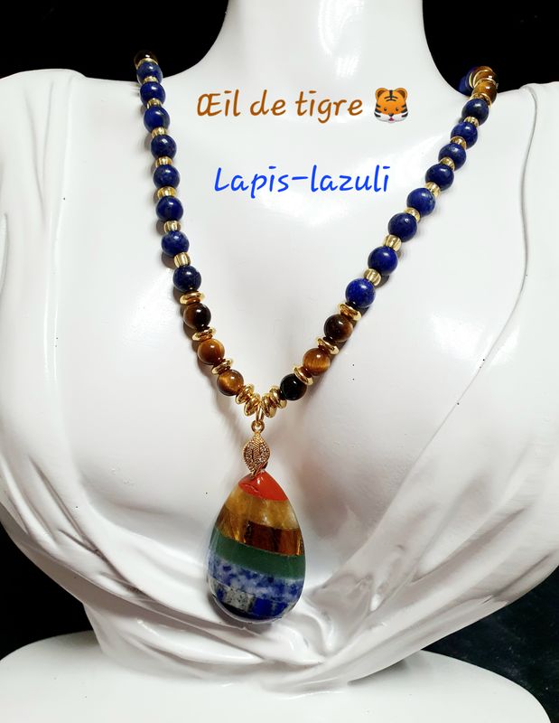🙏Équilibre du corps et de l'esprit 🙏 Collier pendentif goutte 7 Chakras, extensible. Facile à enfiler. Perles 6mm en LAPIS-LAZULI et OEIL DE TIGRE 🐯 Grade 3A. Fait main. Modèle unique.