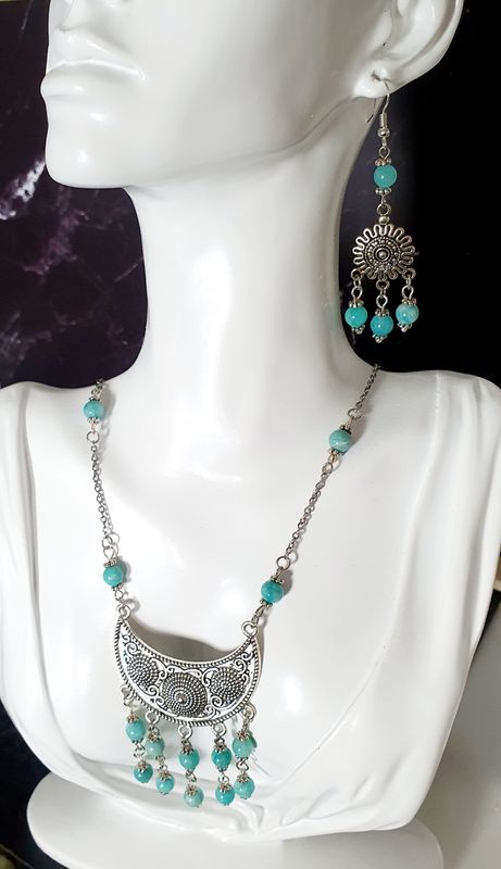 🙏 ÉNERGIE/RÉCONFORT/APAISEMENT 🙏 COLLIER  BOHÊME en acier inoxydable et AMAZONITE. FAIT MAIN. MODÈLE UNIQUE