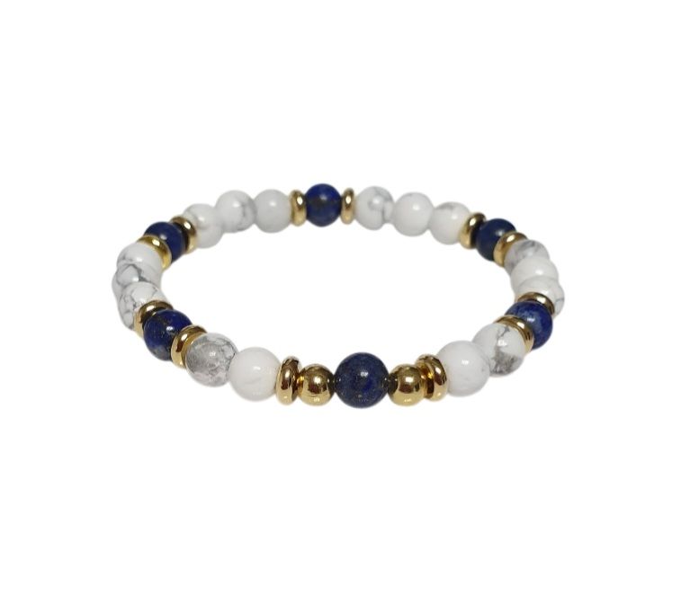 🙏SÉRÉNITÉ/ÉQUILIBRE/CONFIANCE 🙏 Bracelet extensible T.standard 18cm. Perles en HOWLITE et LAPIS-LAZULI. Fait main