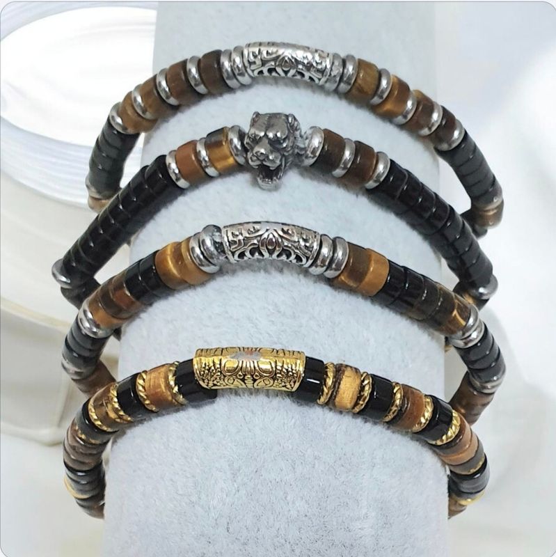Bracelet extensible Homme/mixte T.19,5cm (Personnalisable) Perles heishis en ONYX et ŒIL de TIGRE 🙏 Synergie dynamique de FORCE et de PROTECTION offrant une STABILITÉ ÉMOTIONNELLE 🙏 Fait main.