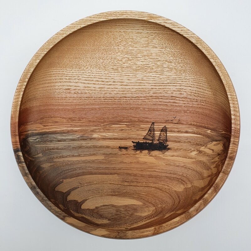 Pyrographed Wooden Bowl - Junk Boat Bowl