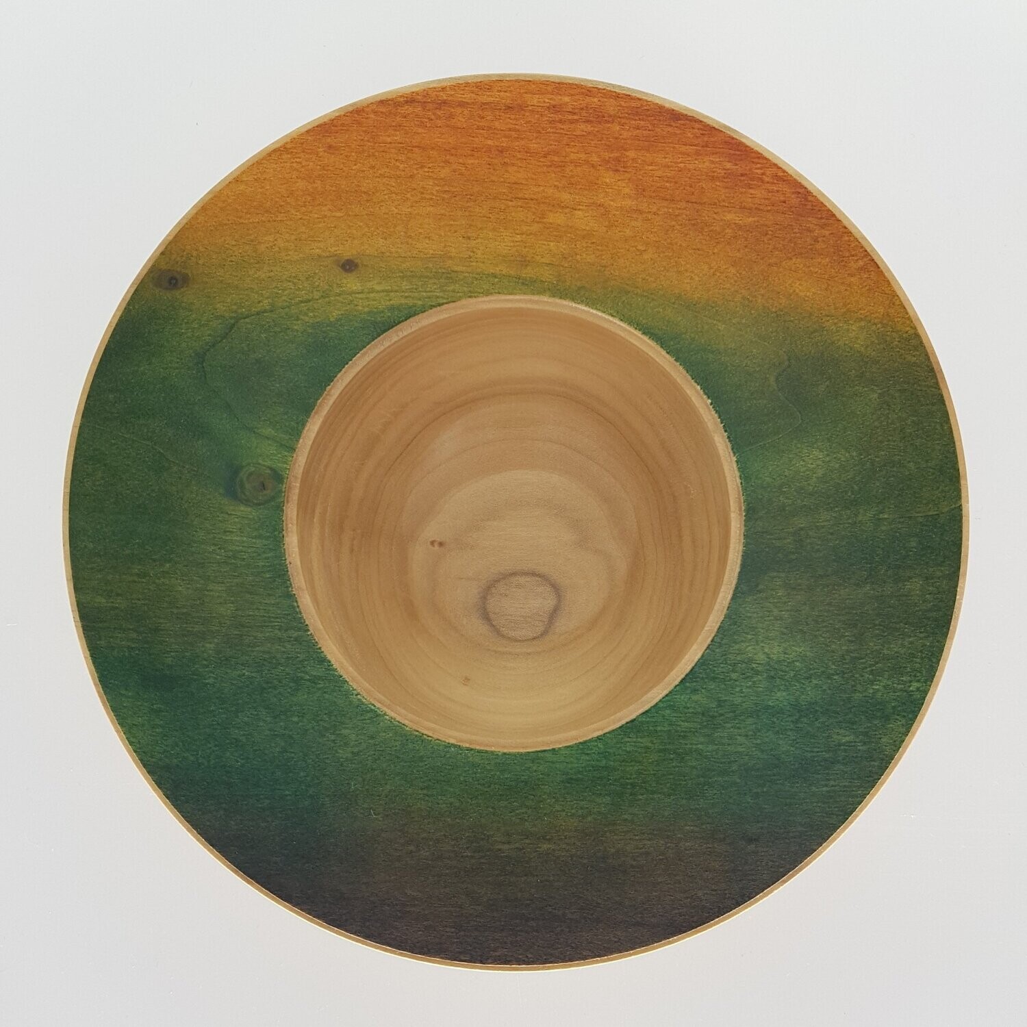 Medium Tulipwood Bowl - Autumn Sunrise Tulipwood bowl with thick walls and a broad rim decorated in blended sunrise colours of orange, yellow, green and blue