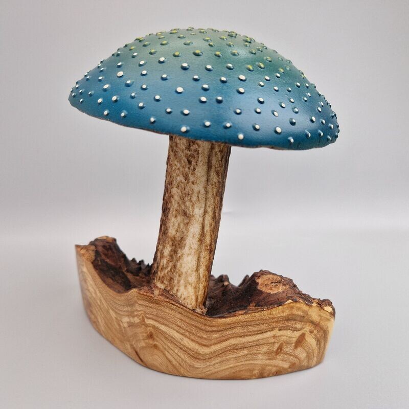 Wooden Mushroom with Red Deer Antler Stem - Shroom 29