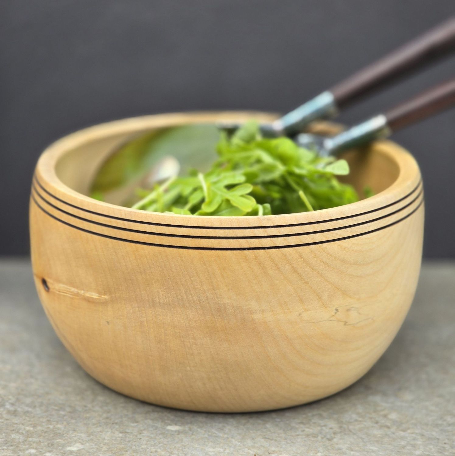 Large sycamore salad bowl with recessed foot and wire-burnt rings, handcrafted for serving salad, fruit, or generous portions