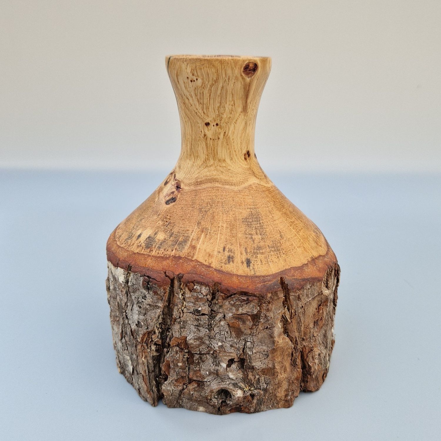 Live Edge Oak Twig Pot Oak twig pot with natural bark edge, turned neck and opening, handcrafted from a fallen branch.
