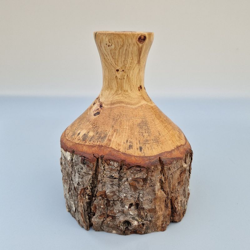Oak twig pot with natural bark edge, turned neck and opening, handcrafted from a fallen branch.