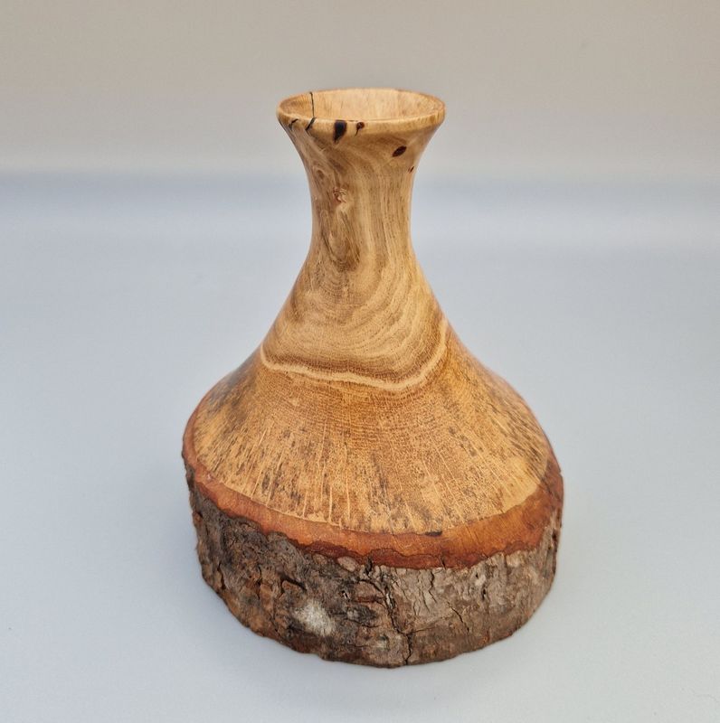 Oak twig pot with natural bark edge, turned neck and opening, handcrafted from a fallen branch