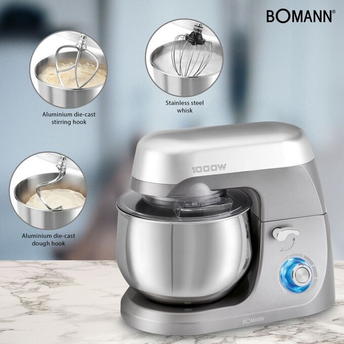 Bomann KM6009CB Pétrin robot pâtissier multifonction 1000w bol en inox 5L, silver , 8 vitesses