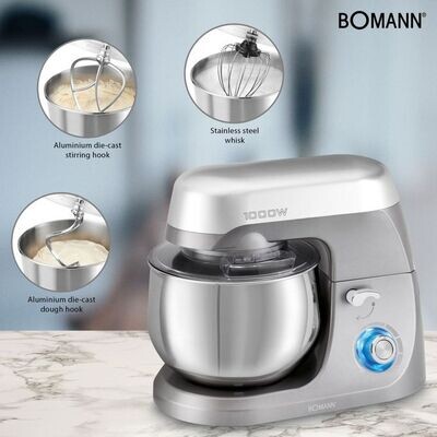 Bomann KM6009CB Pétrin robot pâtissier multifonction 1000w bol en inox 5L, silver , 8 vitesses