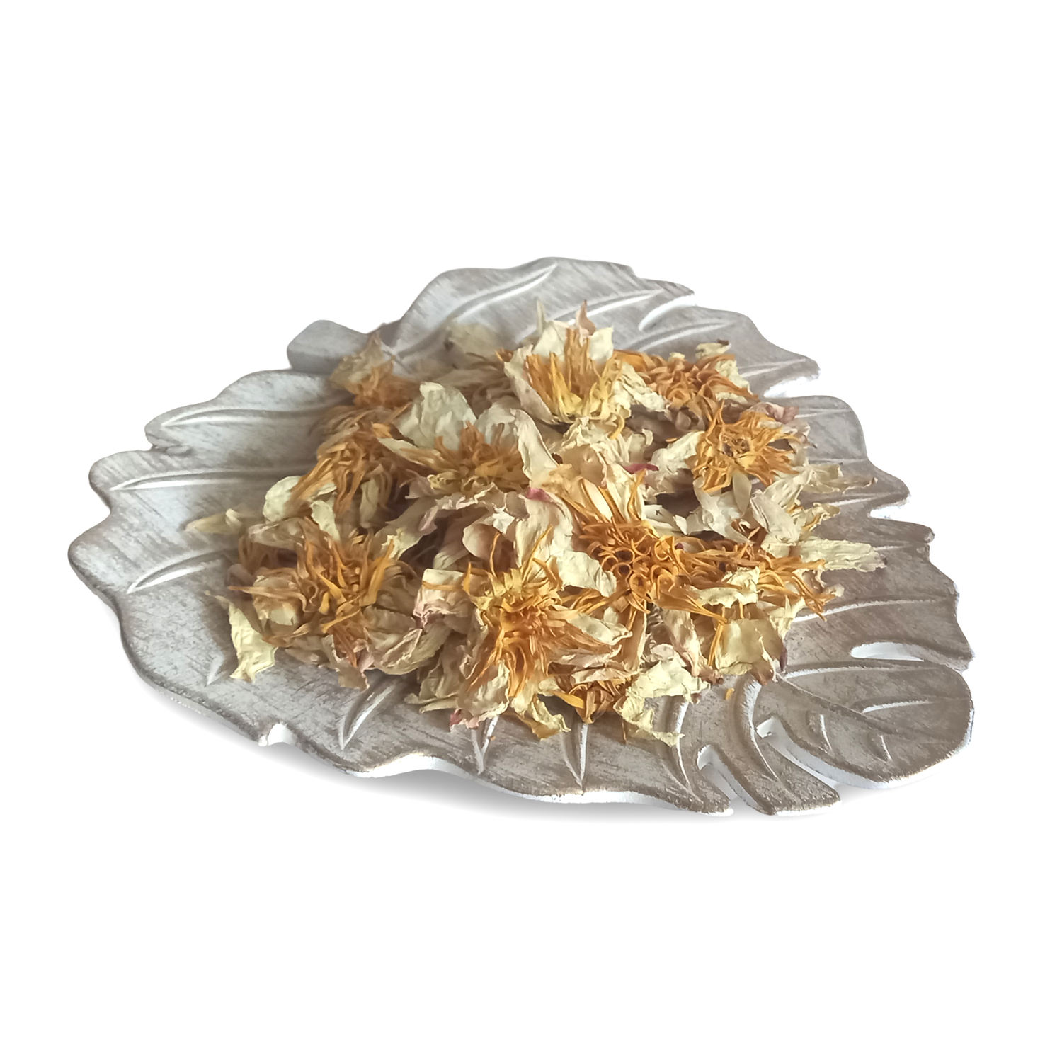 Close-up of premium dried white lotus flowers, perfect for herbal tea, aromatherapy, and relaxation.