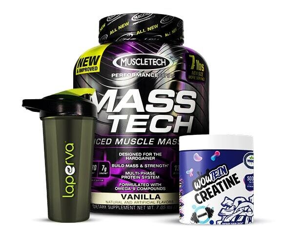 Combo : MuscleTech MASS TECH 7LB + Wowtein Creatine + LAPERVA SHAKER 600 ML (20 OZ)