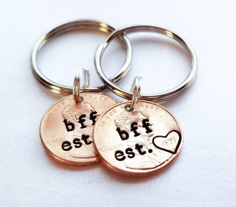 BFF, BESTIE, Custom Hand Stamped Penny Keychain