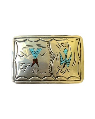Native American Navajo 925 Inlay Crushed Turquoise & Red Coral Thunder Bird Belt Buckle