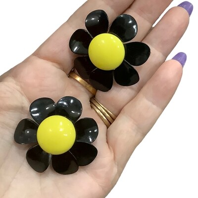 Black & Yellow Flower Power Clip-On Earrings