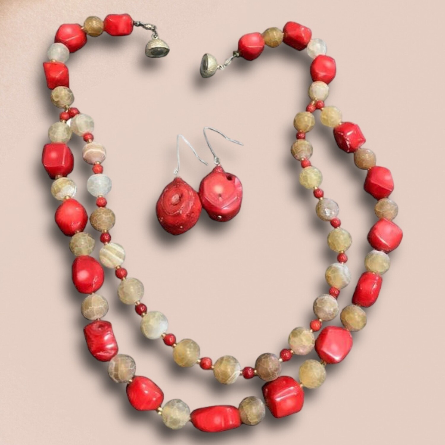 Genuine Coral Citrine Necklace &amp; Earrings Set