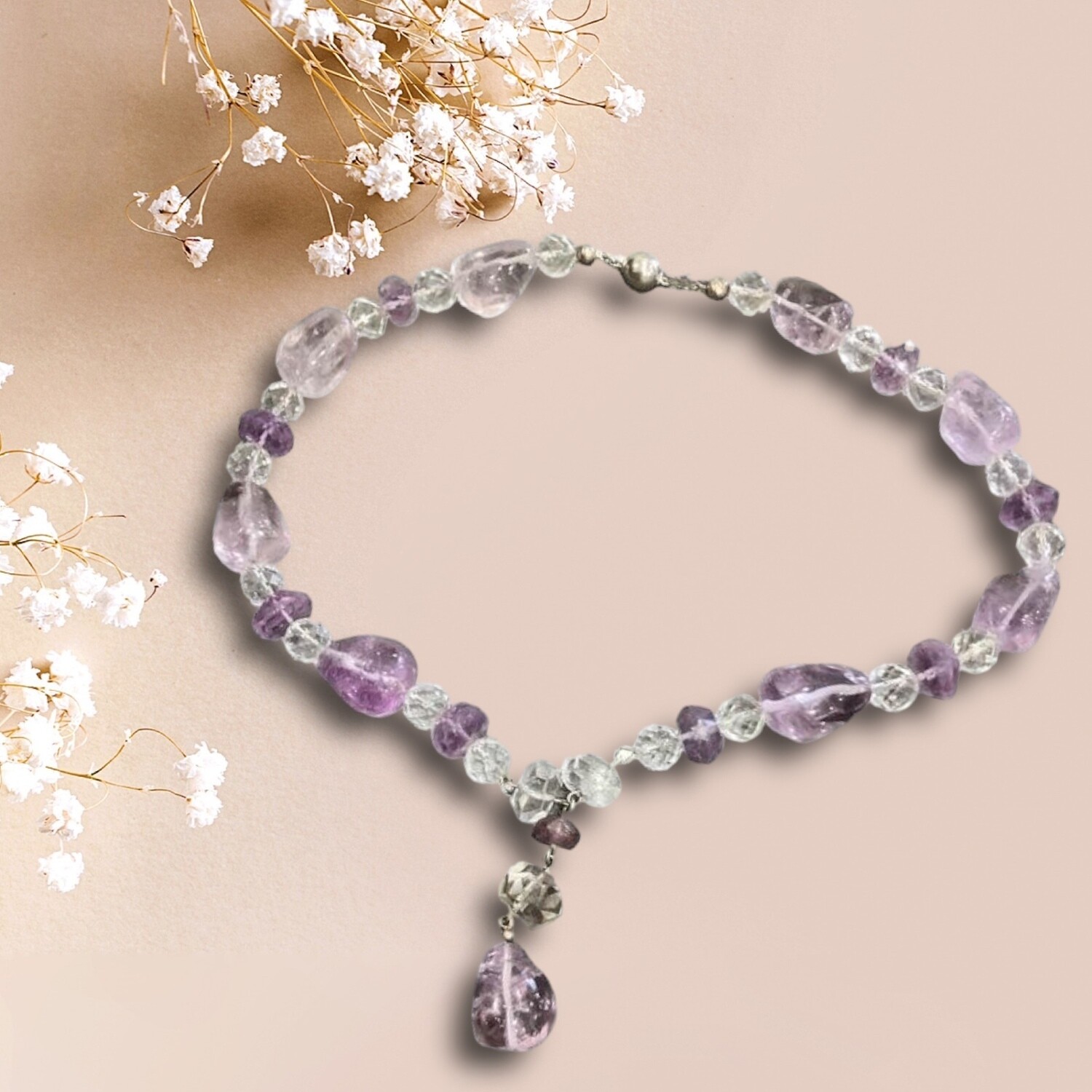 Amethyst &amp; Sterling Silver Necklace with Swarovski Crystals