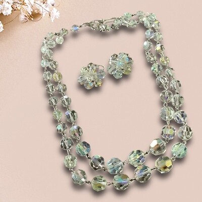 Gorgeous Aurora Borealis Crystal Necklace & Screw-On Earring Set