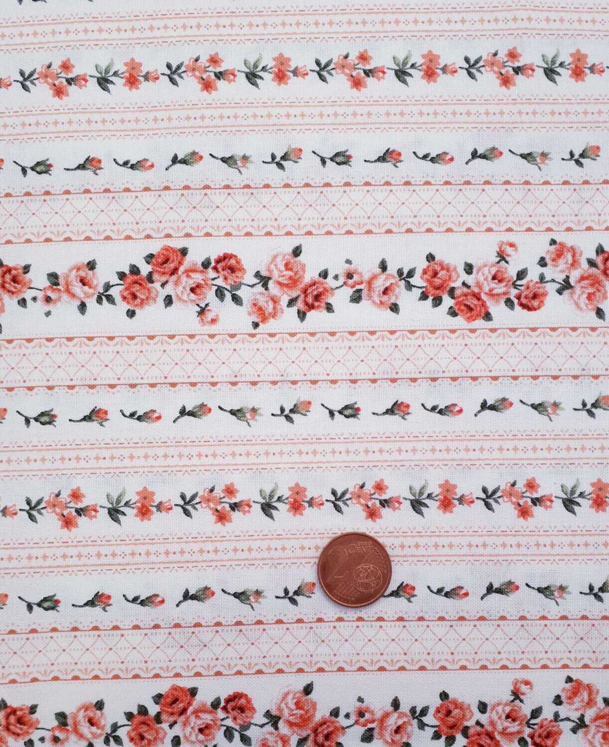 Tela Americana con grecas  de flores coral