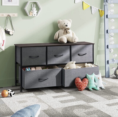 Dresser with 5 Drawers, Dressers for Bedroom, Fabric Storage Tower, Hallway, Entryway, Closets, Sturdy Steel Frame, Wood Top, Easy Pull Handle