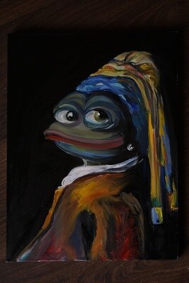 Pepe With a Pearl Earring (Print on canvas with handpainted touches of painting)