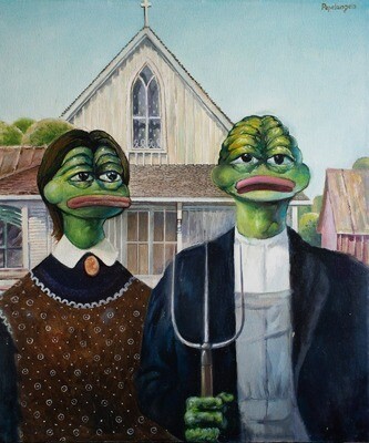 American Pepe Gothic (Print on canvas with handpainted touches of painting)