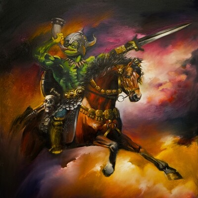 Pepe Viking on horseback (Print on canvas with handpainted touches of painting)
