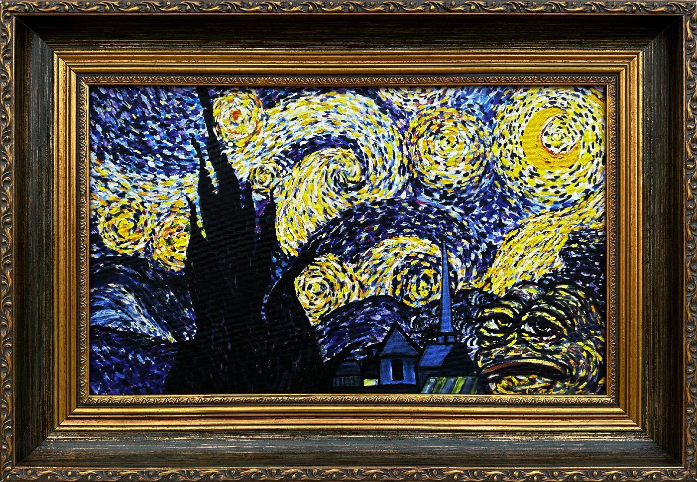 Pepe the Frog Starry Night (Print painting in a unique frame)