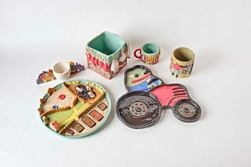 Set of 6 ceramic pieces - “Eggs &amp; Bacon &amp; Friends”
