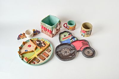 Set of 6 ceramic pieces - “Eggs &amp; Bacon &amp; Friends”