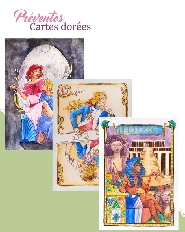 [Préventes] Cartes figures historiques dorées - Hatchepsout, Chevalièr(e) d'Eon, Lily Elbe