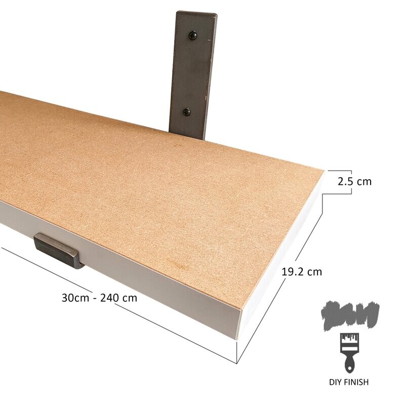 Unfinished MDF Wall Shelf With Industrial Style Brackets. All Edges Prepared For DIY Lovers. Various Sizes.