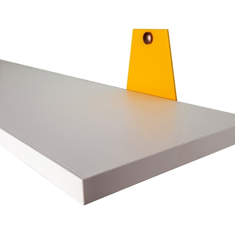 Wall Shelves With Coloured Brackets. White Feelwood Pinegrain. Various Lengths.