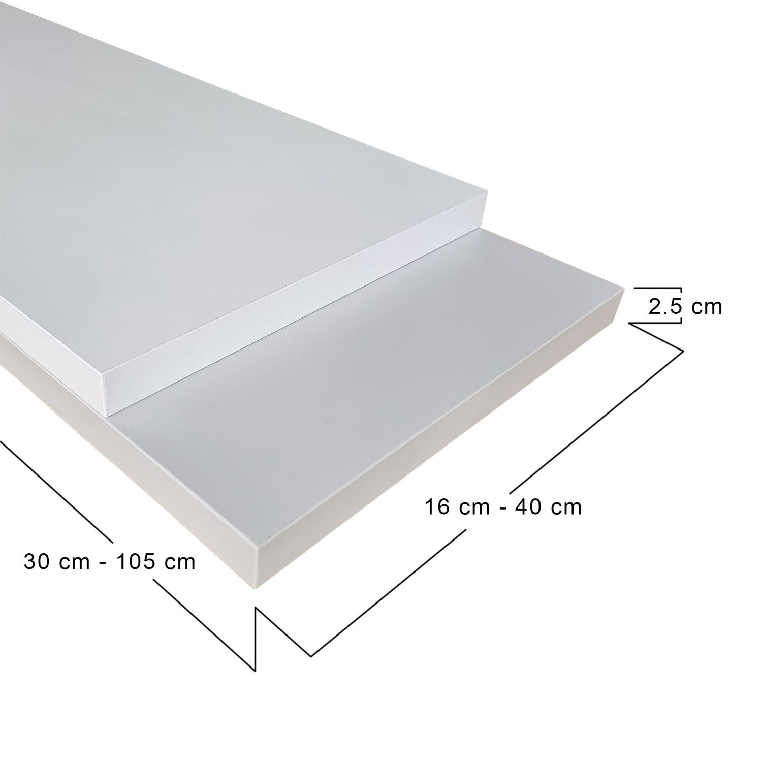 2.5cm thick. in black ,white or light grey.​Any size alcove shelf with 2 alcove brackets