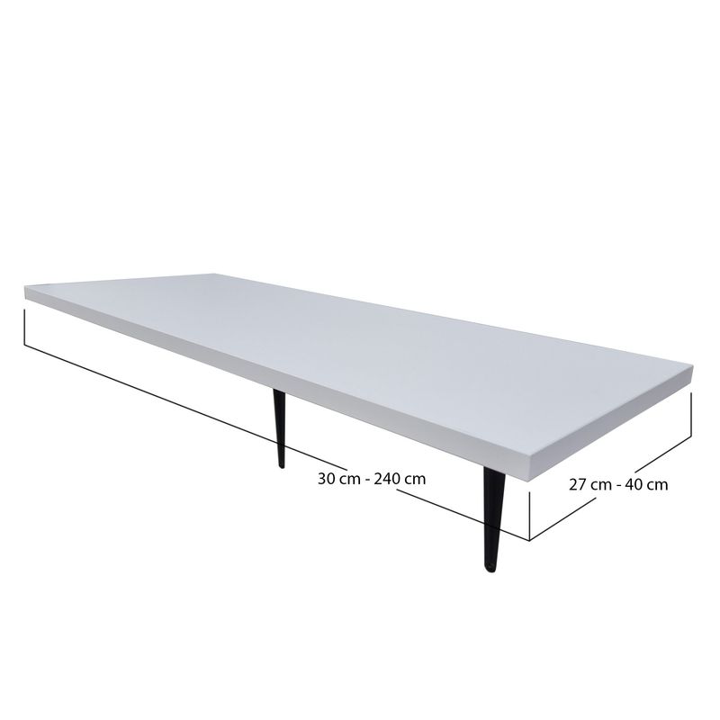 27cm, 30cm, 33cm, 35cm, 37cm, 40cm deep wall shelves with black steel brackets. Plain white, light grey ,black colours. Various size.