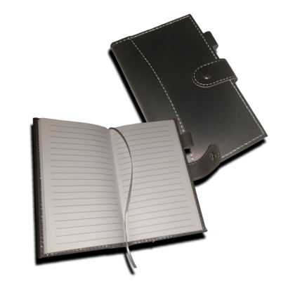 A6 Lined Notebook - Black or Grey. With Ribbon Bookmark and Button Closure.