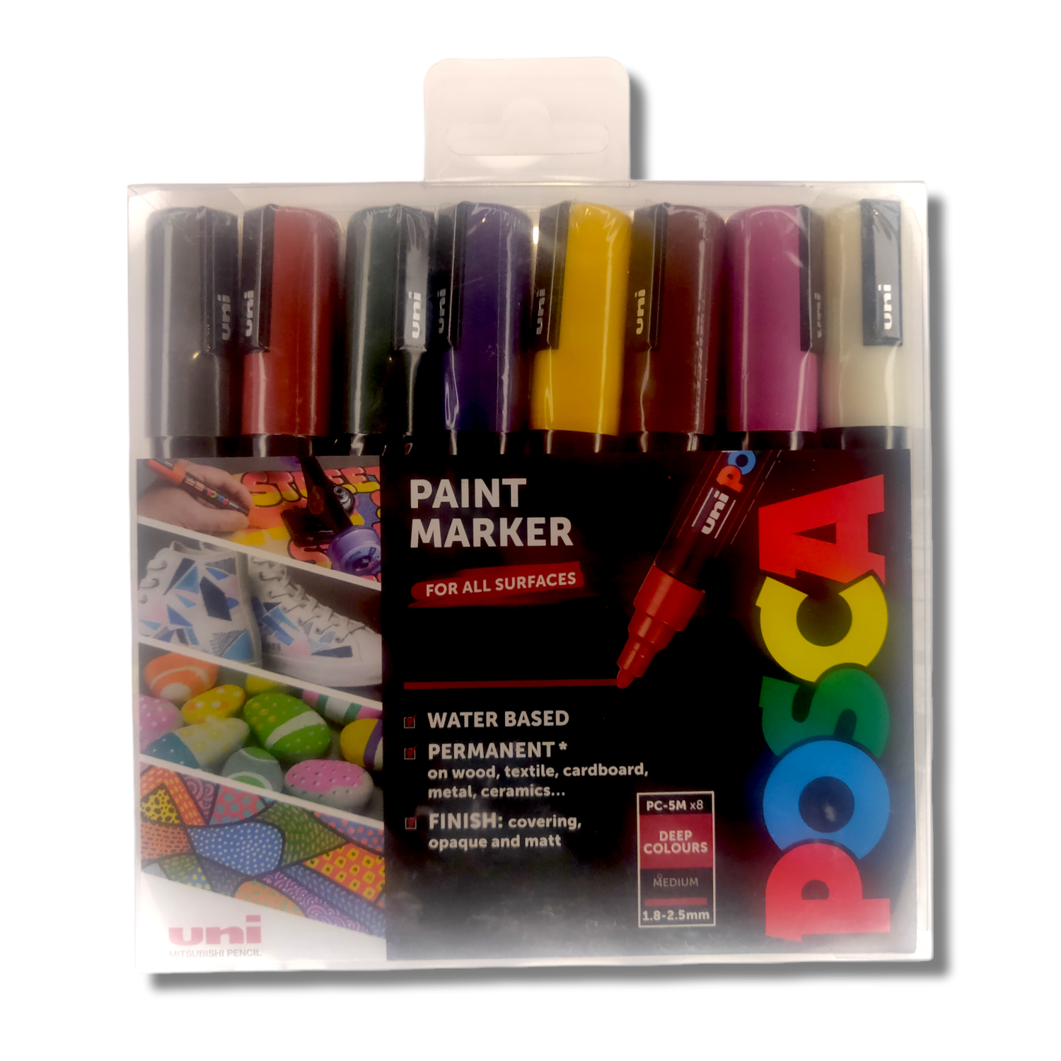 POSCA 8x Medium Deep Colours Paint Marker Pens - For All Surfaces (PC-5M)