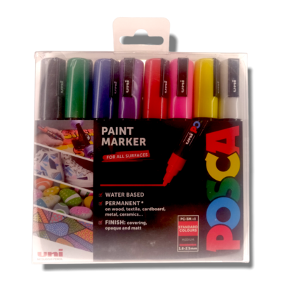 POSCA 8x Medium Standard Colours Paint Marker Pens - For All Surfaces (PC-5M)