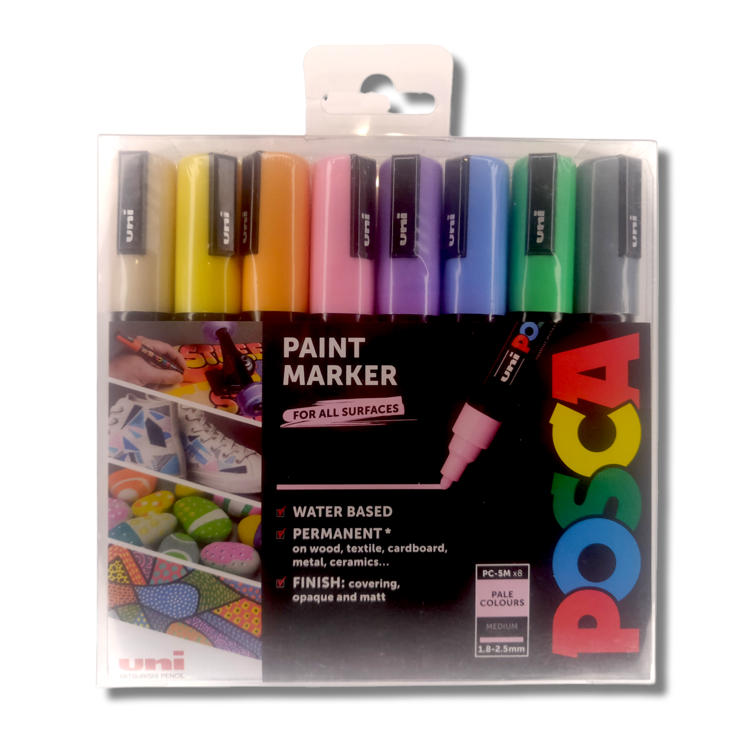 POSCA 8x Medium Pale Colours Paint Marker Pens - For All Surfaces (PC-5M)