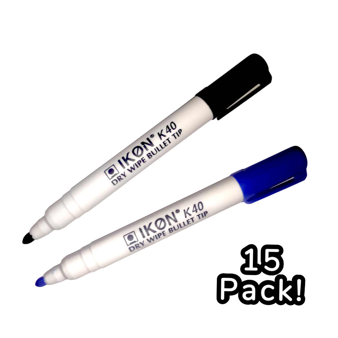 15x Drywipe Pens Pack! - 11x Black Bullet Tip IKON K40 + 4x Blue Bullet Tip IKON K40