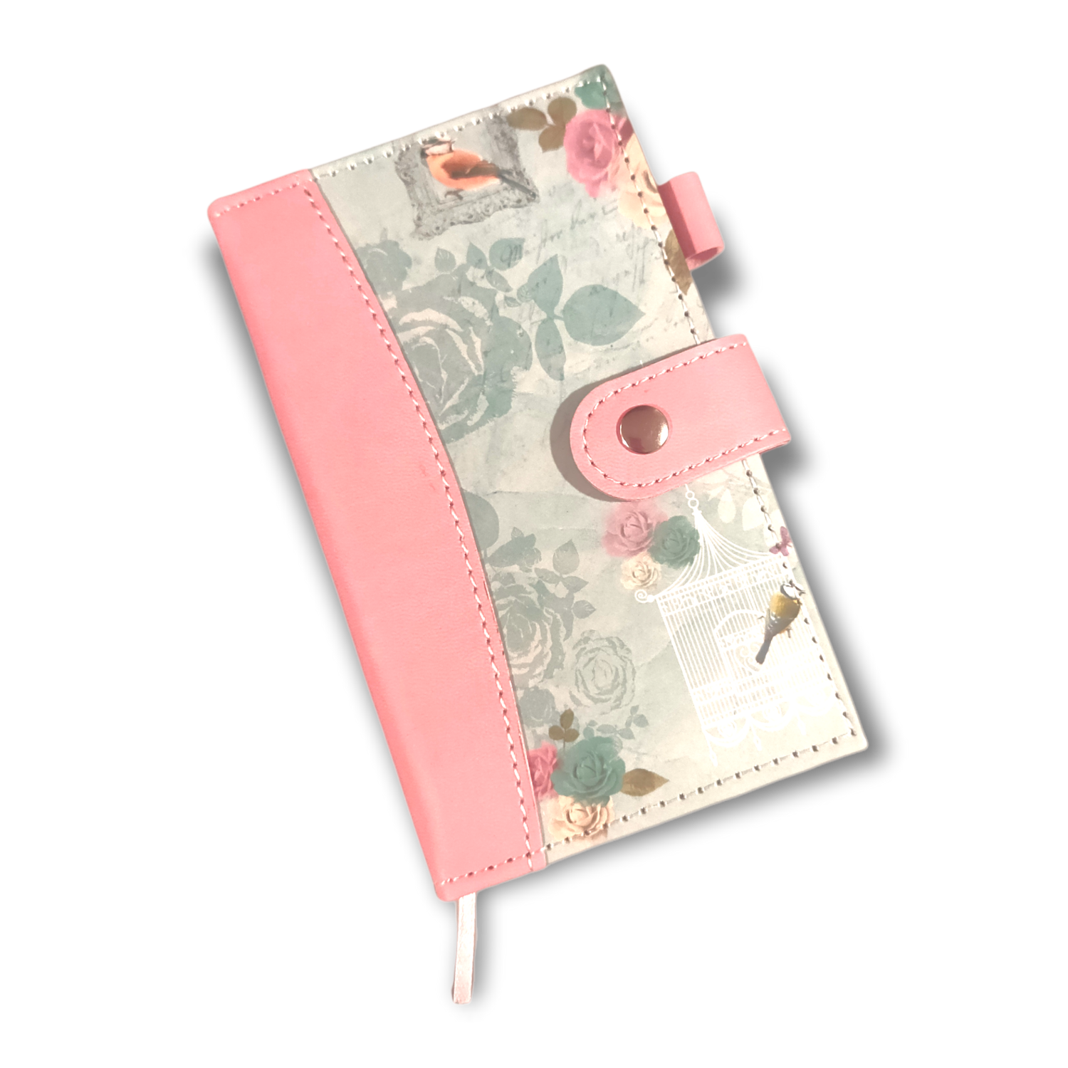 A6 Lined Notebook -  Birds & Roses, With Ribbon Bookmark & Button Closure.